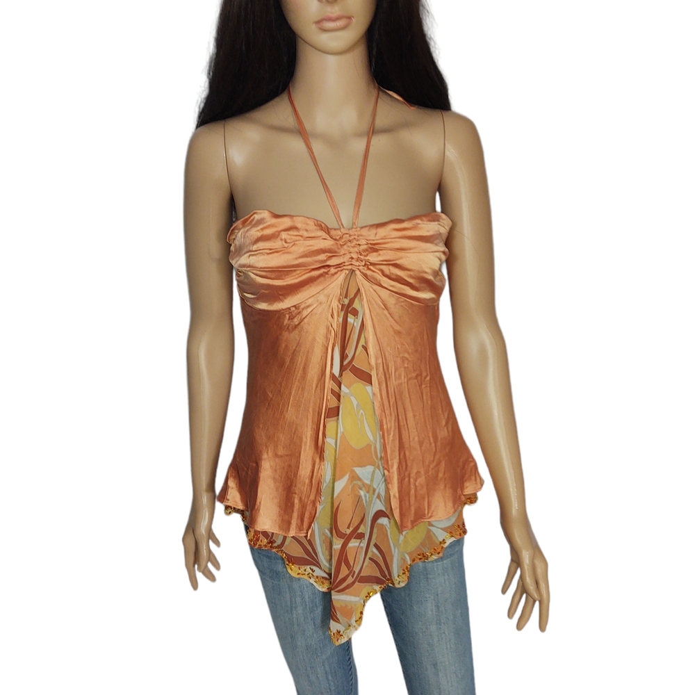 Orange Asymmetrical Tie Front Tank Top
